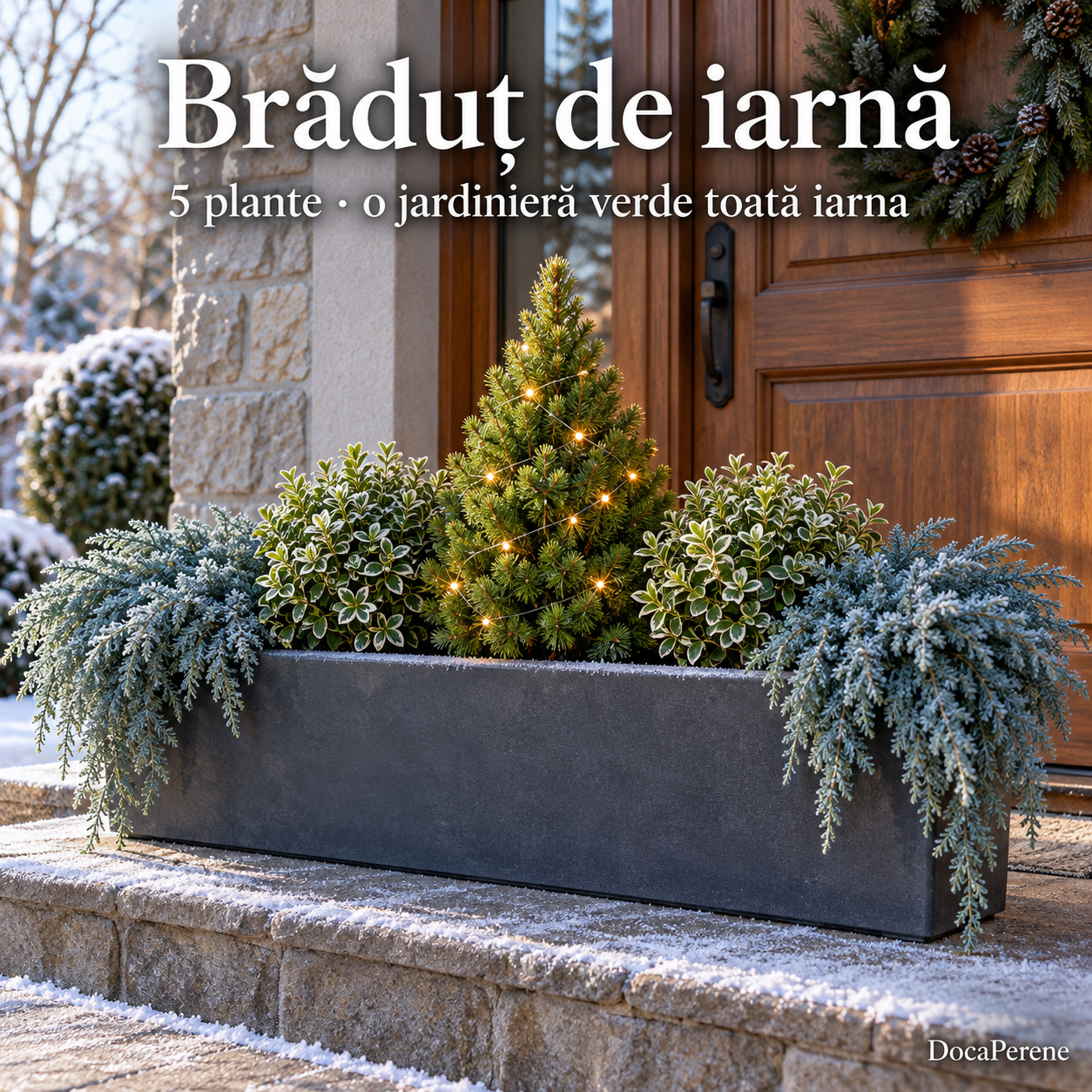 Brăduț de iarnă – jardinieră cu molid pitic, ienupăr și salbă, 5 plante