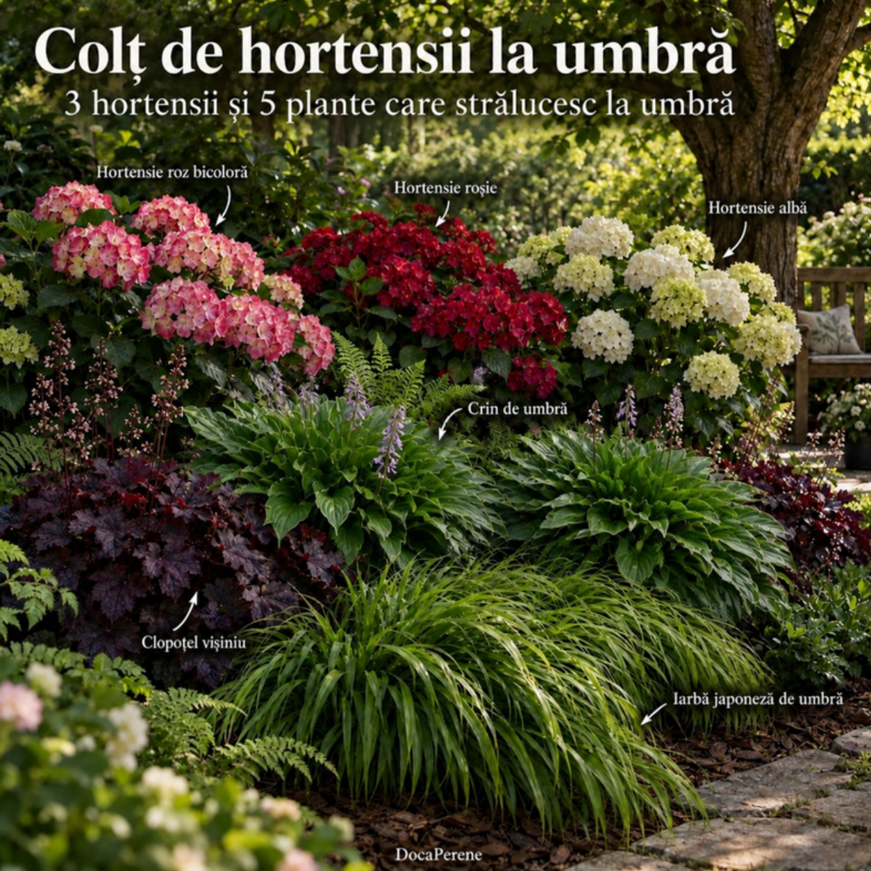 Colț de hortensii la umbră – hortensii roz, roșie și albă cu crini de umbră Hosta lancifolia, clopoței vișinii și iarbă japoneză