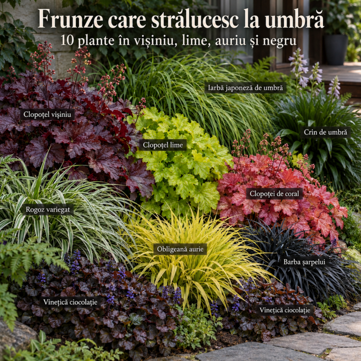 Frunze care strălucesc la umbră – clopoței vișiniu, lime și coral, iarbă japoneză, crin de umbră Hosta lancifolia, rogoz, obligeană aurie, barba șarpelui și vinețică