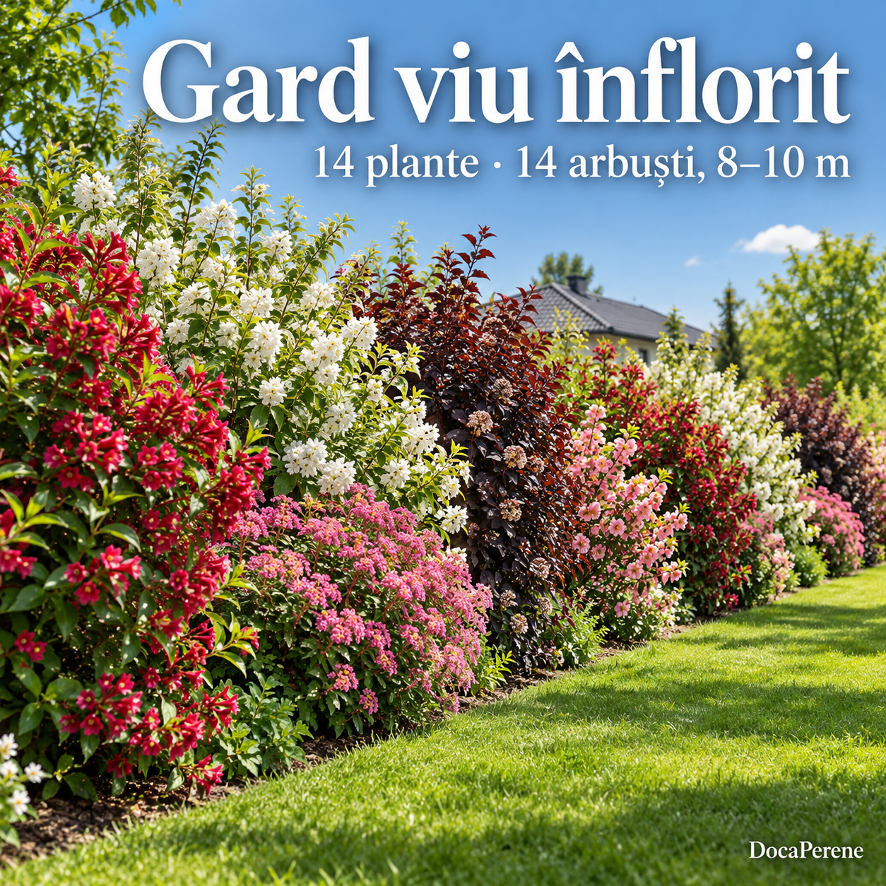 Gard viu înflorit – 14 arbuști care înfloresc pe rând, pentru 8–10 m