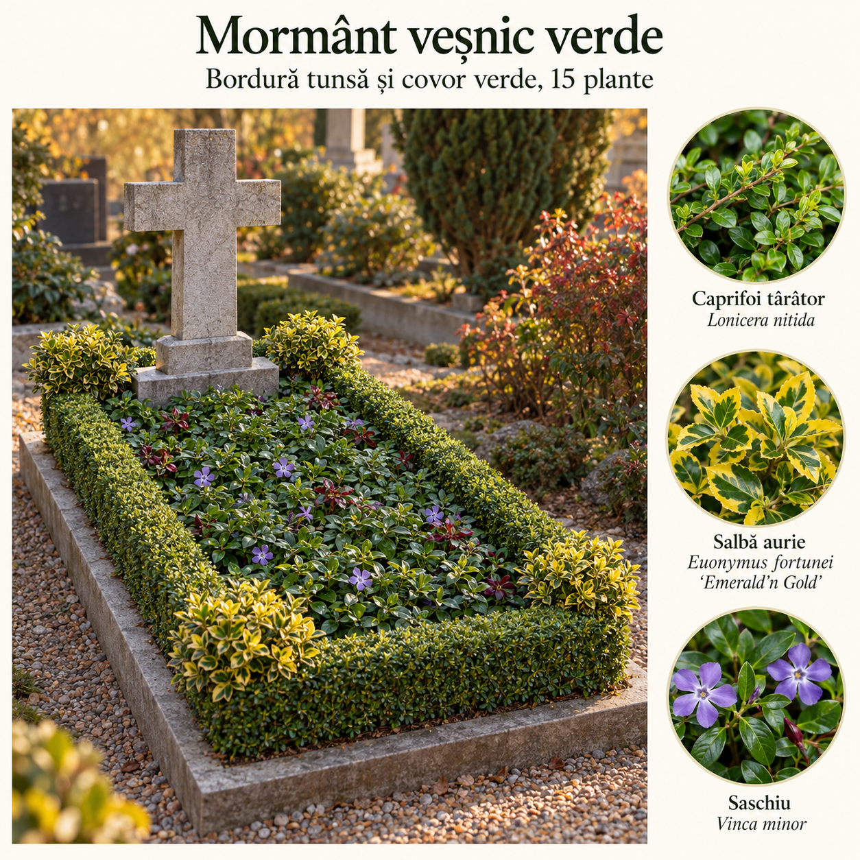 Mormânt veșnic verde – bordură tunsă și covor verde, 18 plante