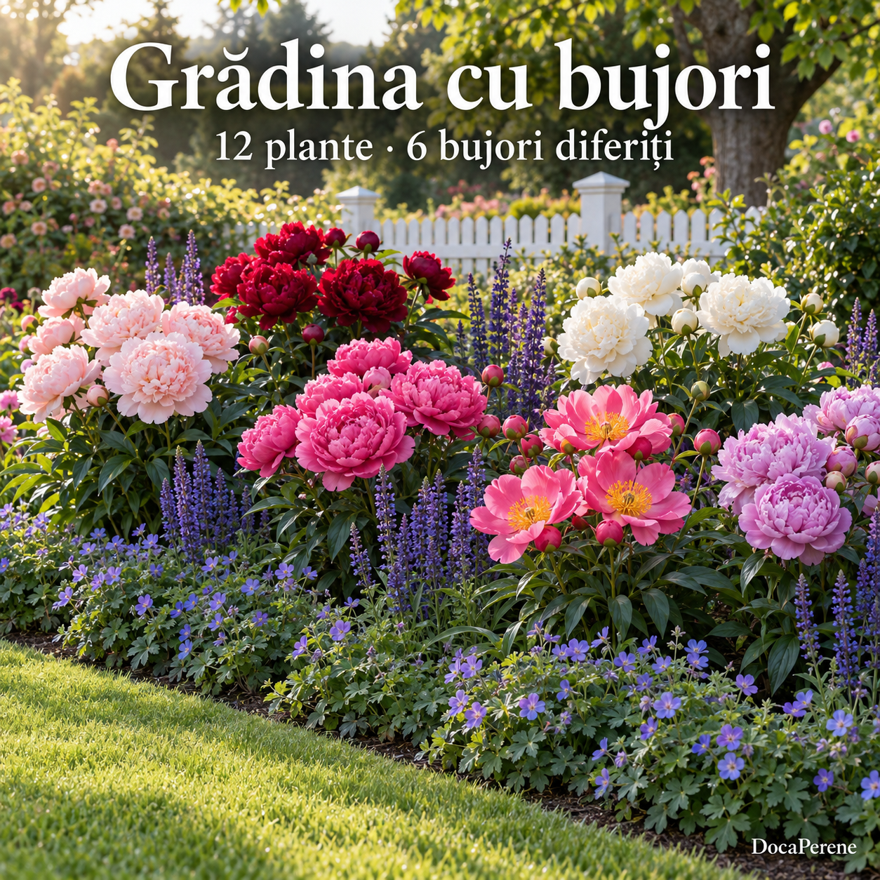 Grădina cu bujori – 6 bujori diferiți, cu salvie albastră și ciocul berzei