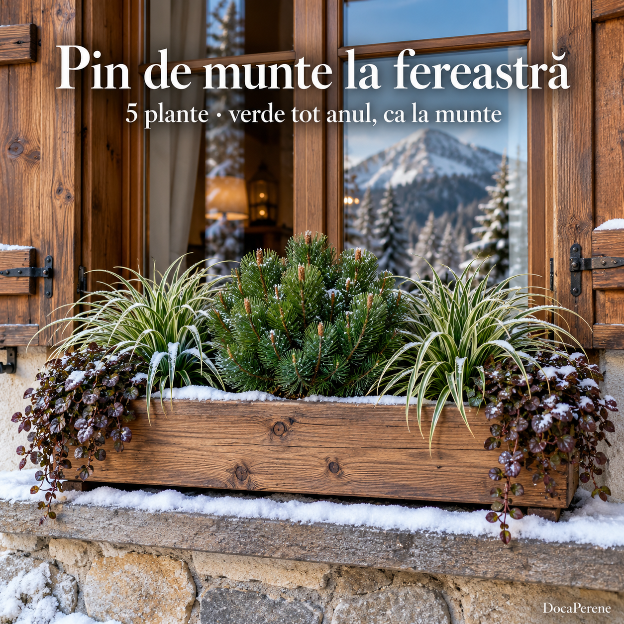 Pin de munte la fereastră – jardinieră cu pin pitic, rogoz și vinețică, 5 plante