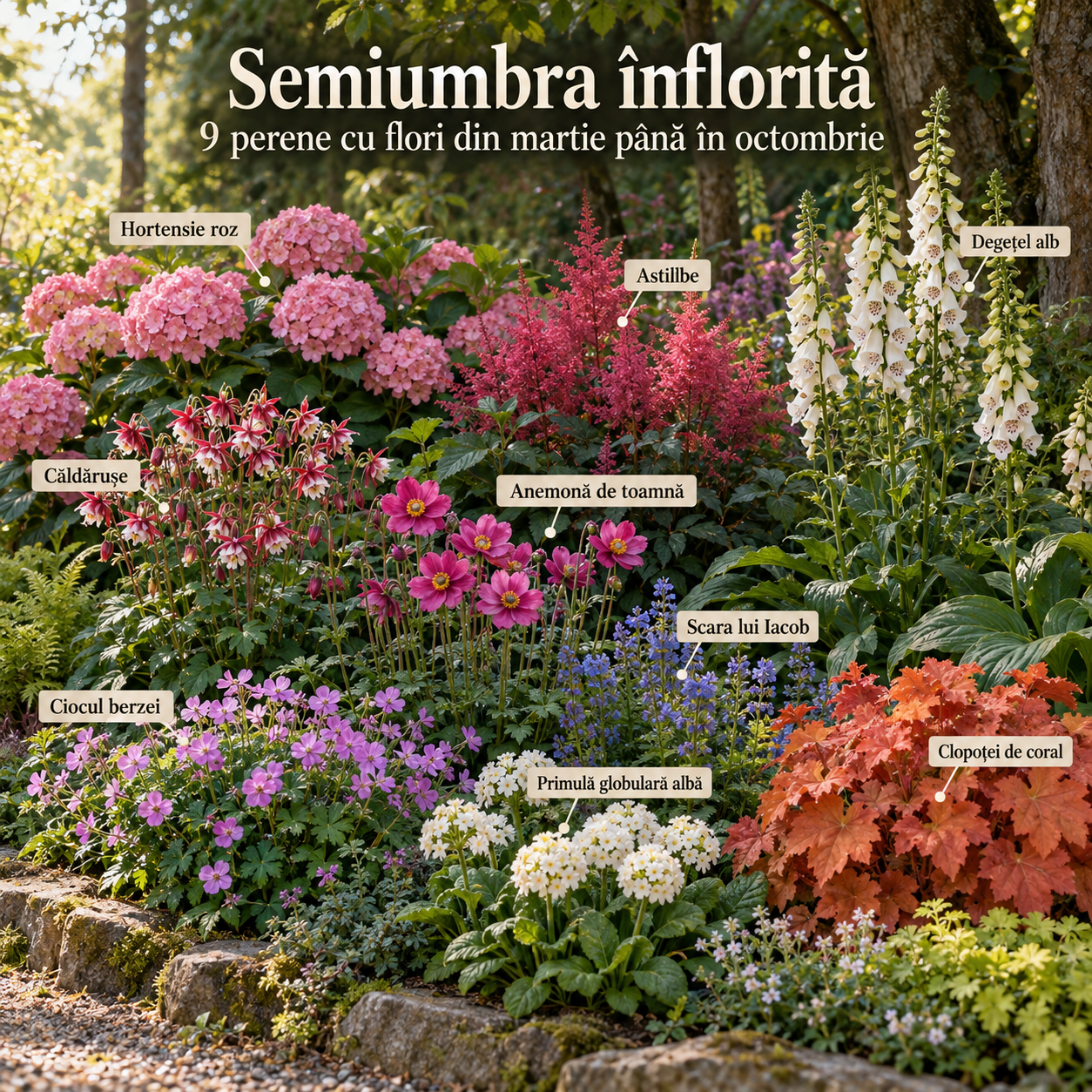 Semiumbra înflorită – 9 perene cu flori din martie până în octombrie