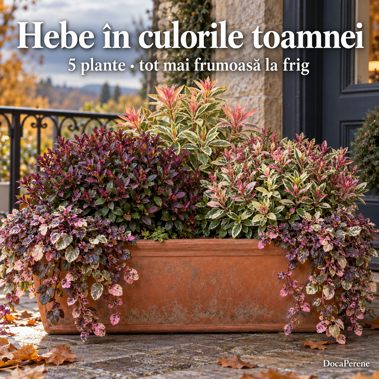 Hebe în culorile toamnei – jardinieră vișinie, roz și crem, 5 plante