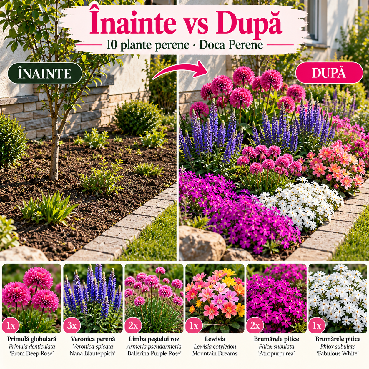 Înainte vs După: covor de flori de primăvară – 10 perene joase pentru borduri și rocării