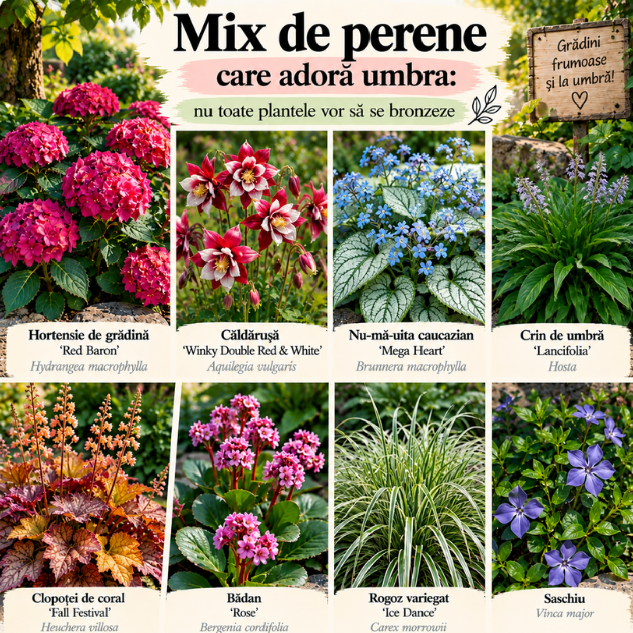 Mix de perene care adoră umbra – hortensie Red Baron, căldărușă, nu-mă-uita caucazian, crin de umbră Hosta lancifolia, clopoței de coral, bădan, rogoz și saschiu