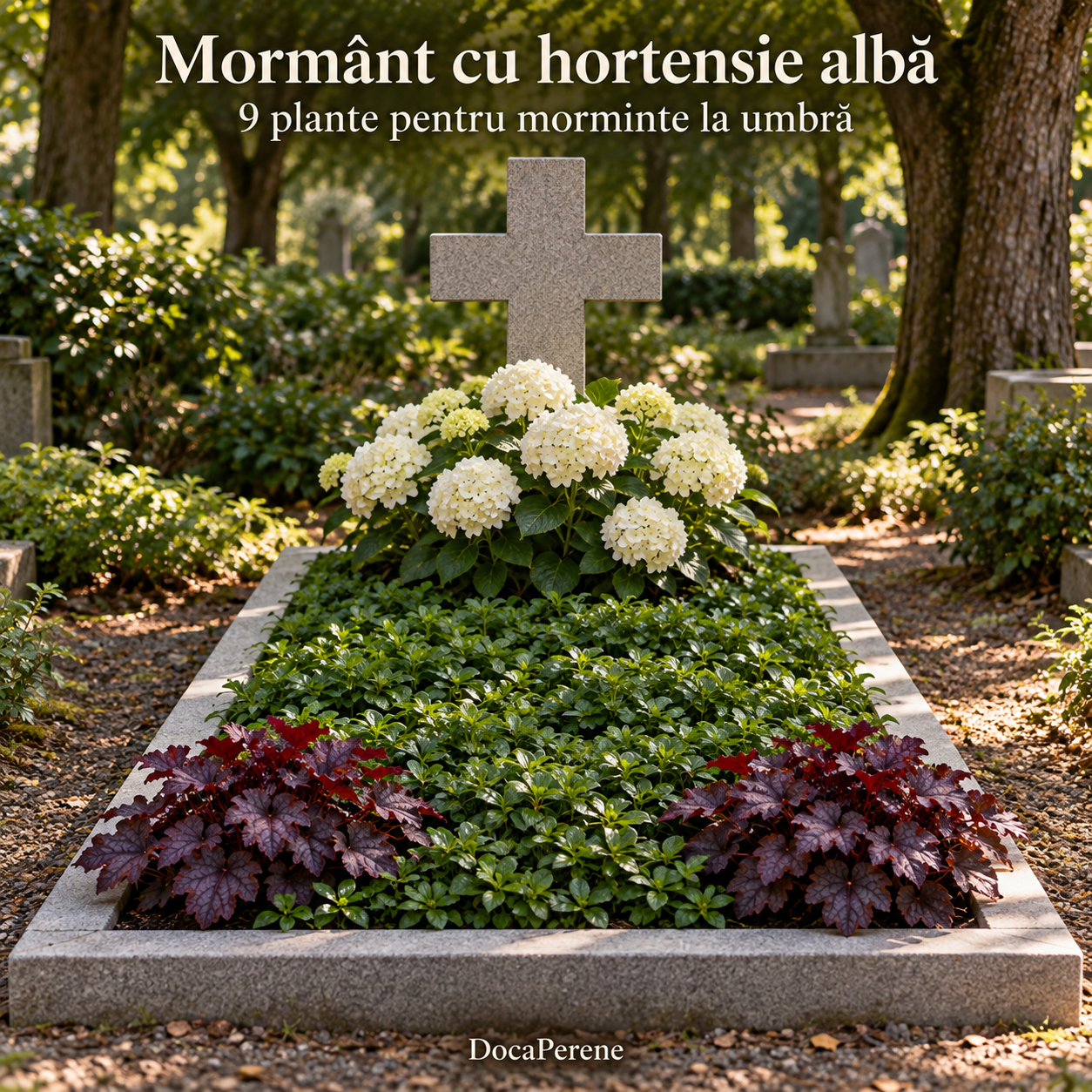 Mormânt cu hortensie albă – 9 plante pentru morminte la umbră