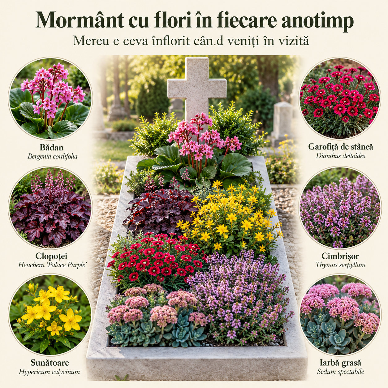 Mormânt cu flori în fiecare anotimp – 12 plante, mereu ceva înflorit