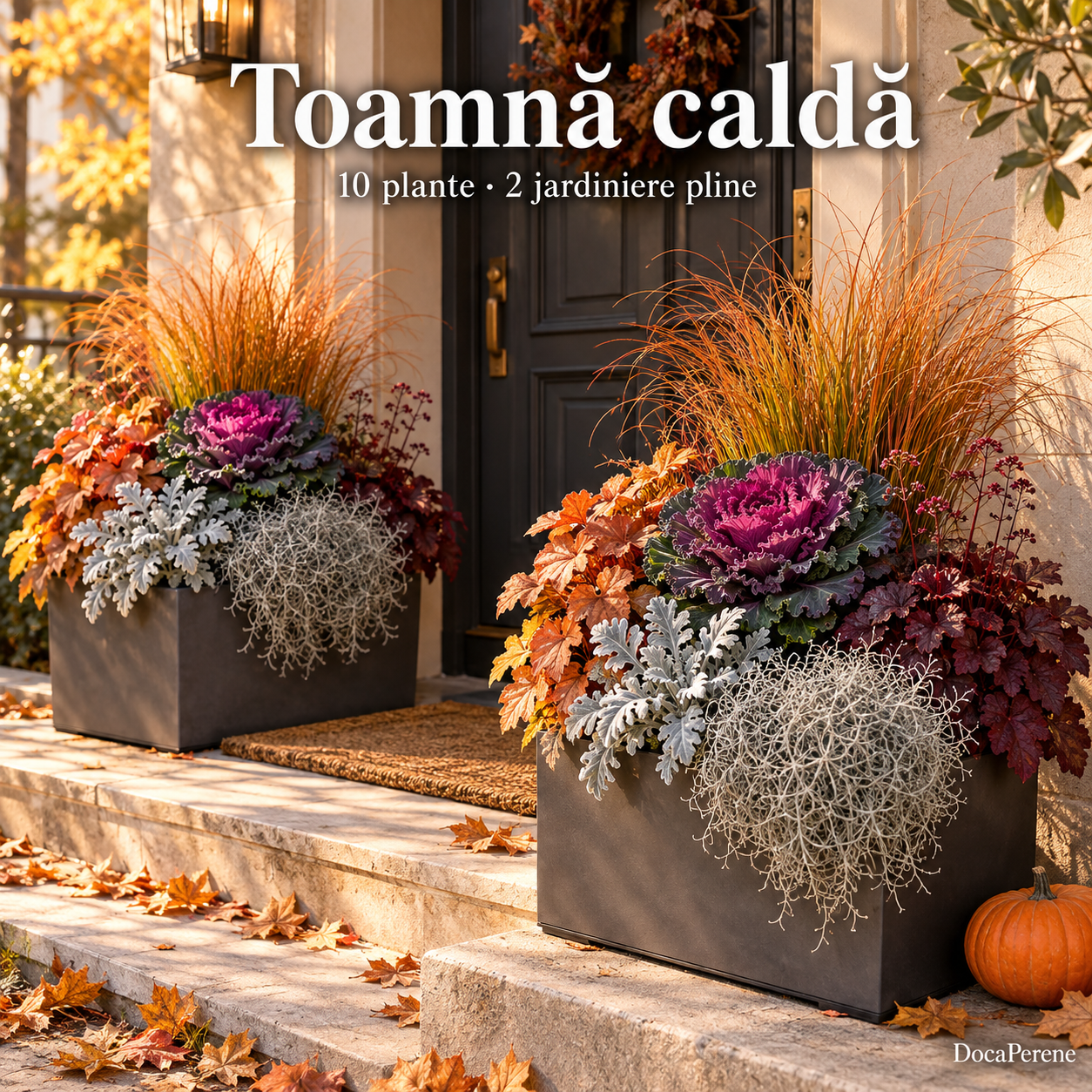 Toamnă caldă – 10 plante pentru 2 jardiniere în roșu, aramiu și argintiu