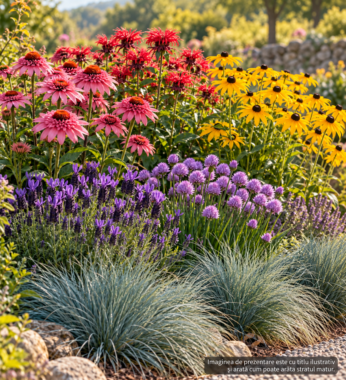 Strat de perene colorat cu Echinacea, Bergamotă, Rudbeckia, Lavandă franțuzească, Allium și Festuca - pachet DocaPerene