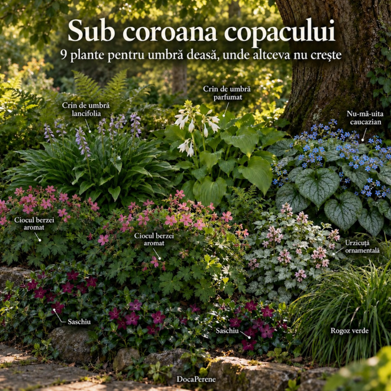 Sub coroana copacului – 9 plante pentru umbră deasă: crini de umbră Hosta lancifolia și parfumat, nu-mă-uita caucazian, ciocul berzei, urzicuță, rogoz și saschiu