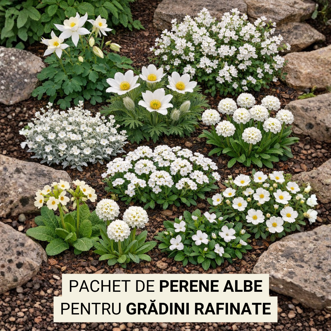Mix de primăvară cu perene albe ptr grădini rafinate